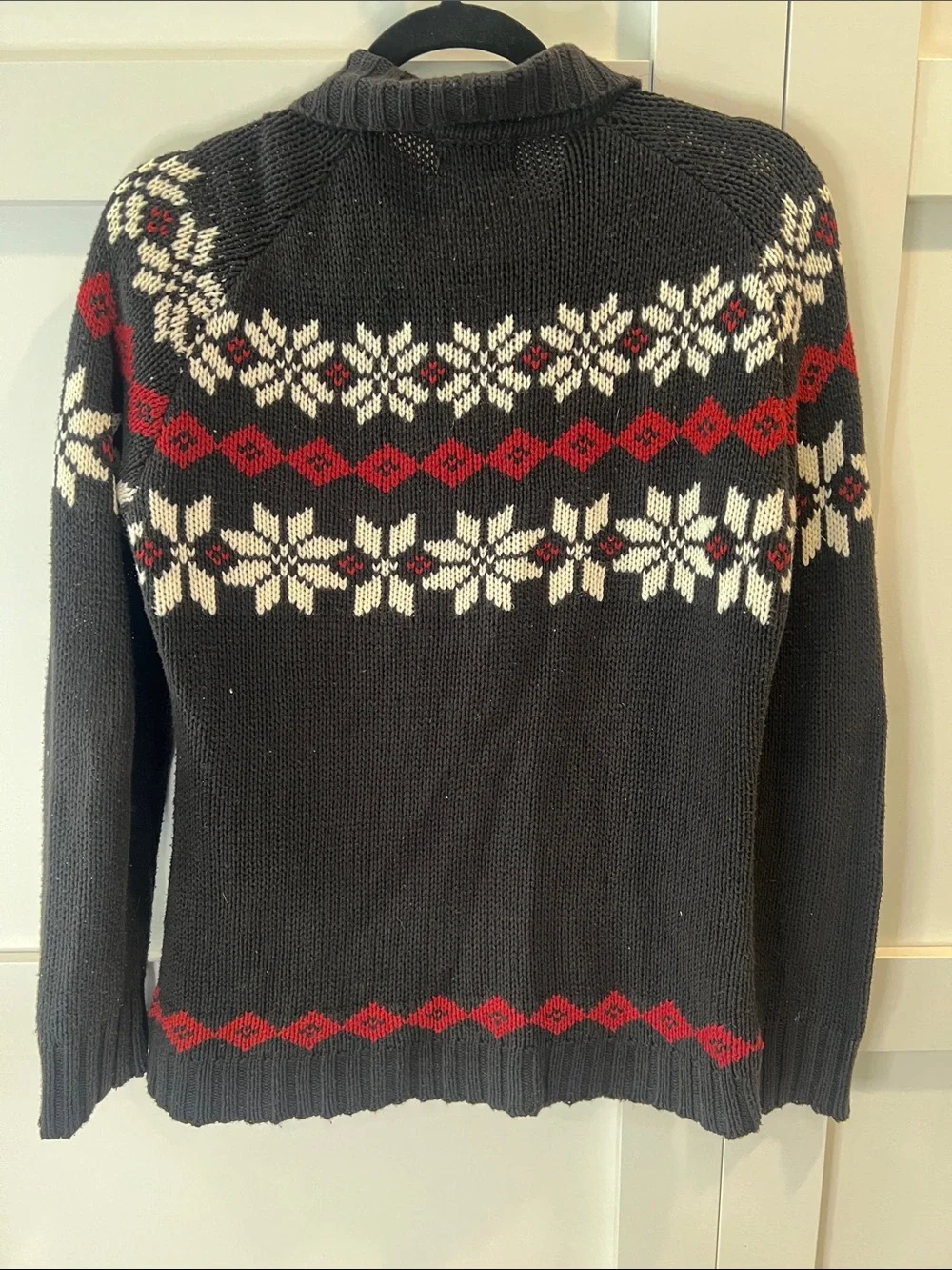 Eddie Bauer Charcoal Zip-Up Fair Isle Sweater with Red & White Accents